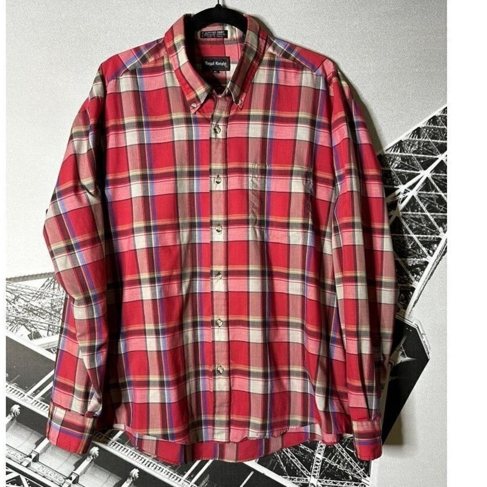 Royal Knight Mens XL Red Plaid Button Down Shirt Long Sleeve Fitted Cotton Blend